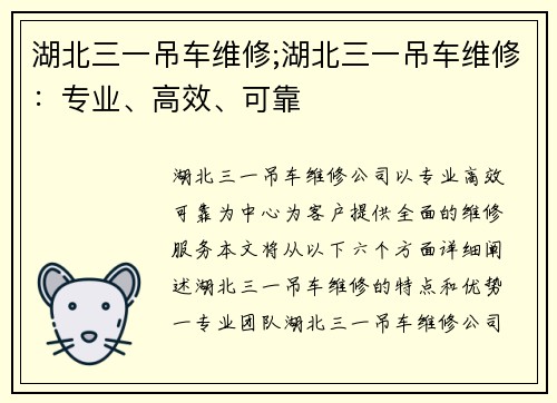 湖北三一吊车维修;湖北三一吊车维修：专业、高效、可靠